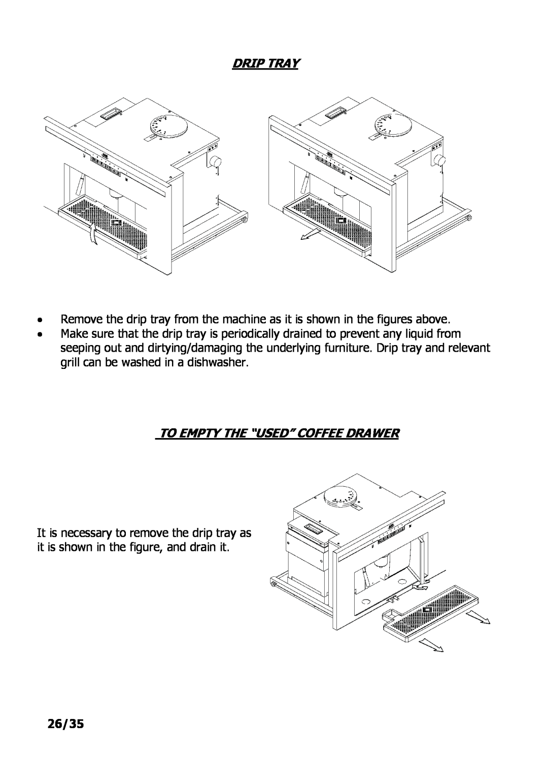 Electrolux PE 9038-m fww installation instructions Drip Tray, To Empty The “Used” Coffee Drawer, 26/35 
