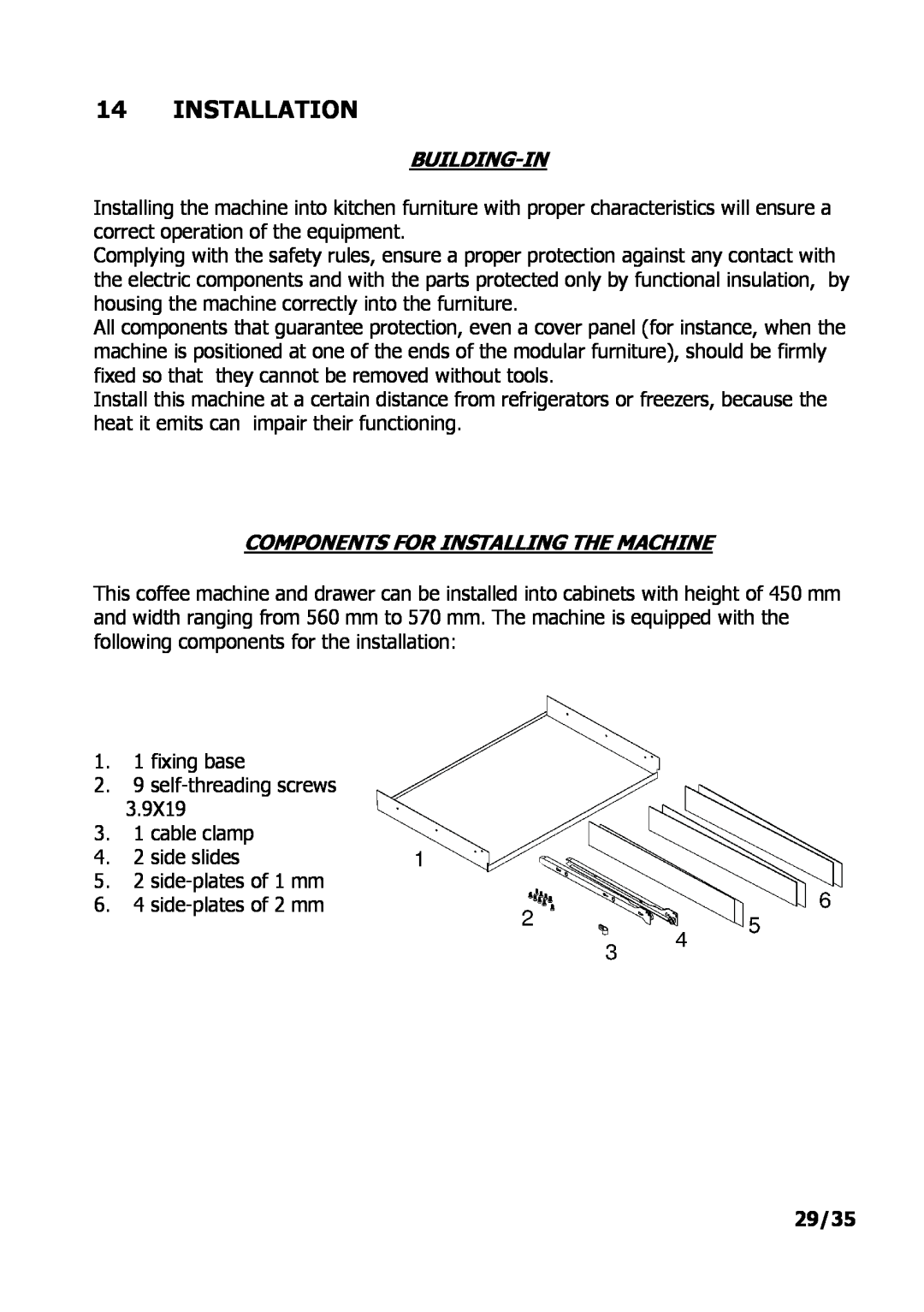 Electrolux PE 9038-m fww installation instructions Installation, Building-In, Components For Installing The Machine, 29/35 