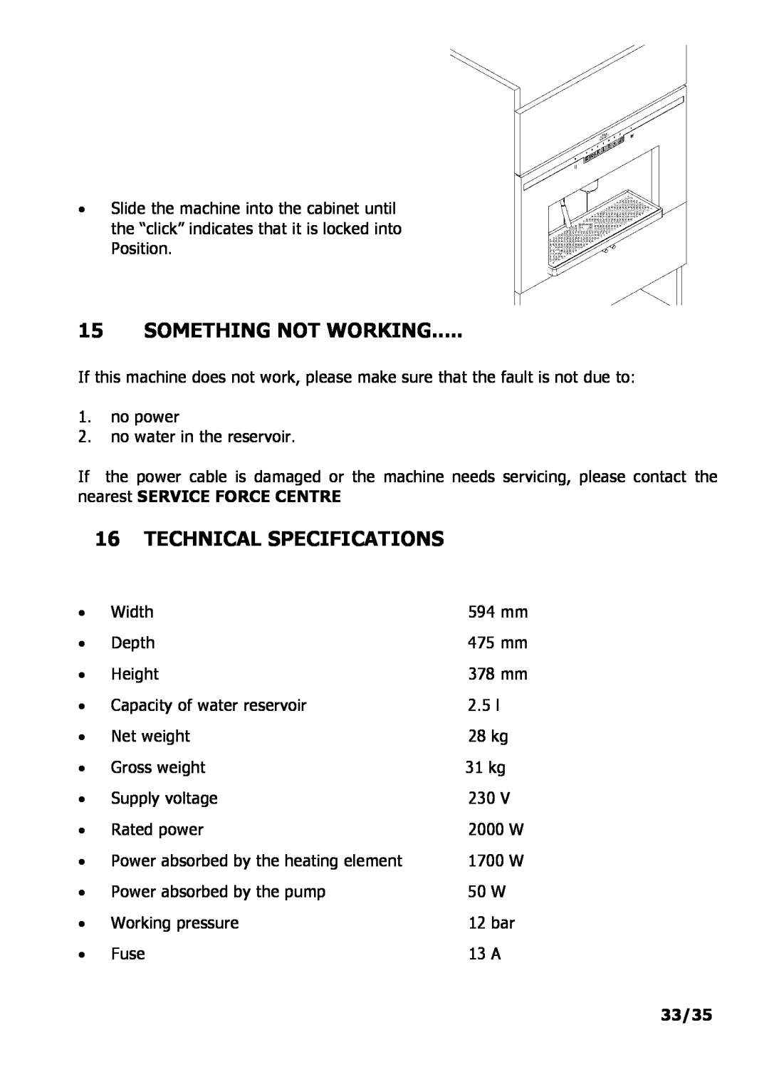 Electrolux PE 9038-m fww installation instructions Something Not Working, Technical Specifications, 33/35 