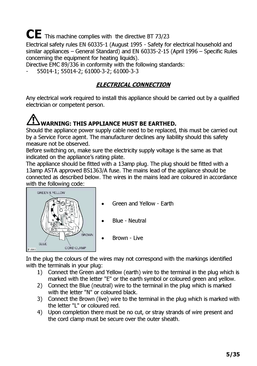 Electrolux PE 9038-m fww installation instructions Electrical Connection, Warning This Appliance Must Be Earthed, 5/35 