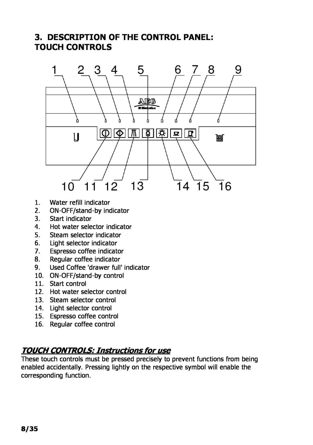 Electrolux PE 9038-m fww Description Of The Control Panel Touch Controls, TOUCH CONTROLS Instructions for use 