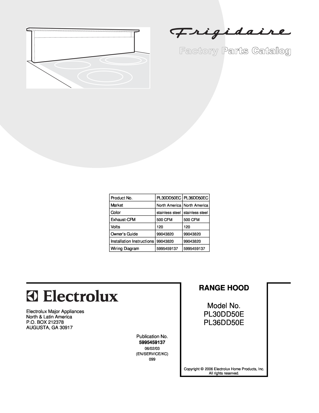 Electrolux PL30DD50EC installation instructions Range Hood, Model No PL30DD50E PL36DD50E, CPL30DD.eps PL30DD.tif 