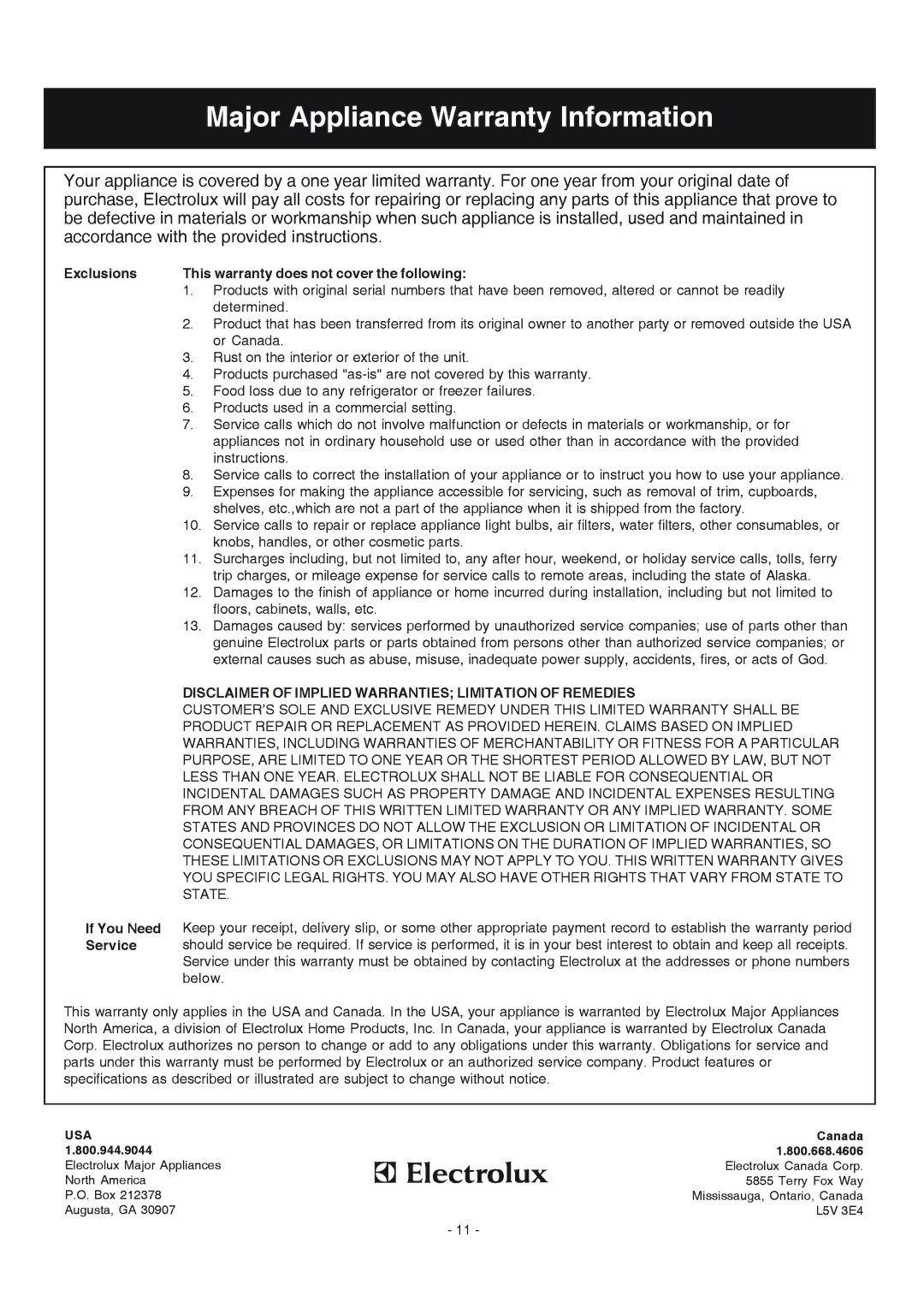 Electrolux PL36WC50EC manual Major Appliance Warranty Information 