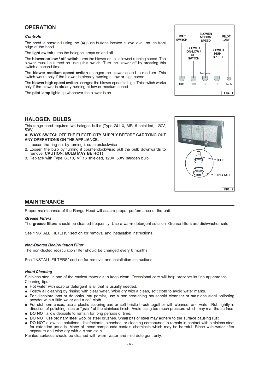 Electrolux PL36WC50EC manual Operation, Halogen Bulbs, Maintenance 