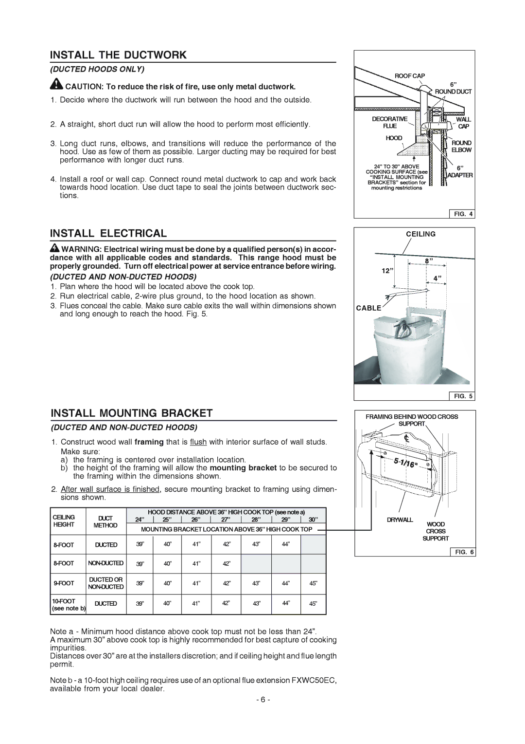 Electrolux PL36WC50EC manual Install the Ductwork, Install Electrical, Install Mounting Bracket, Ducted Hoods only 