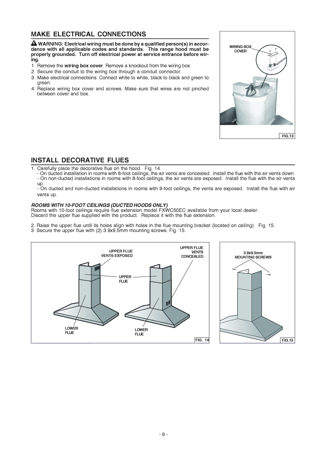 Electrolux PL36WC50EC Make Electrical Connections, Install Decorative Flues, Rooms with 10-FOOT Ceilings Ducted Hoods only 