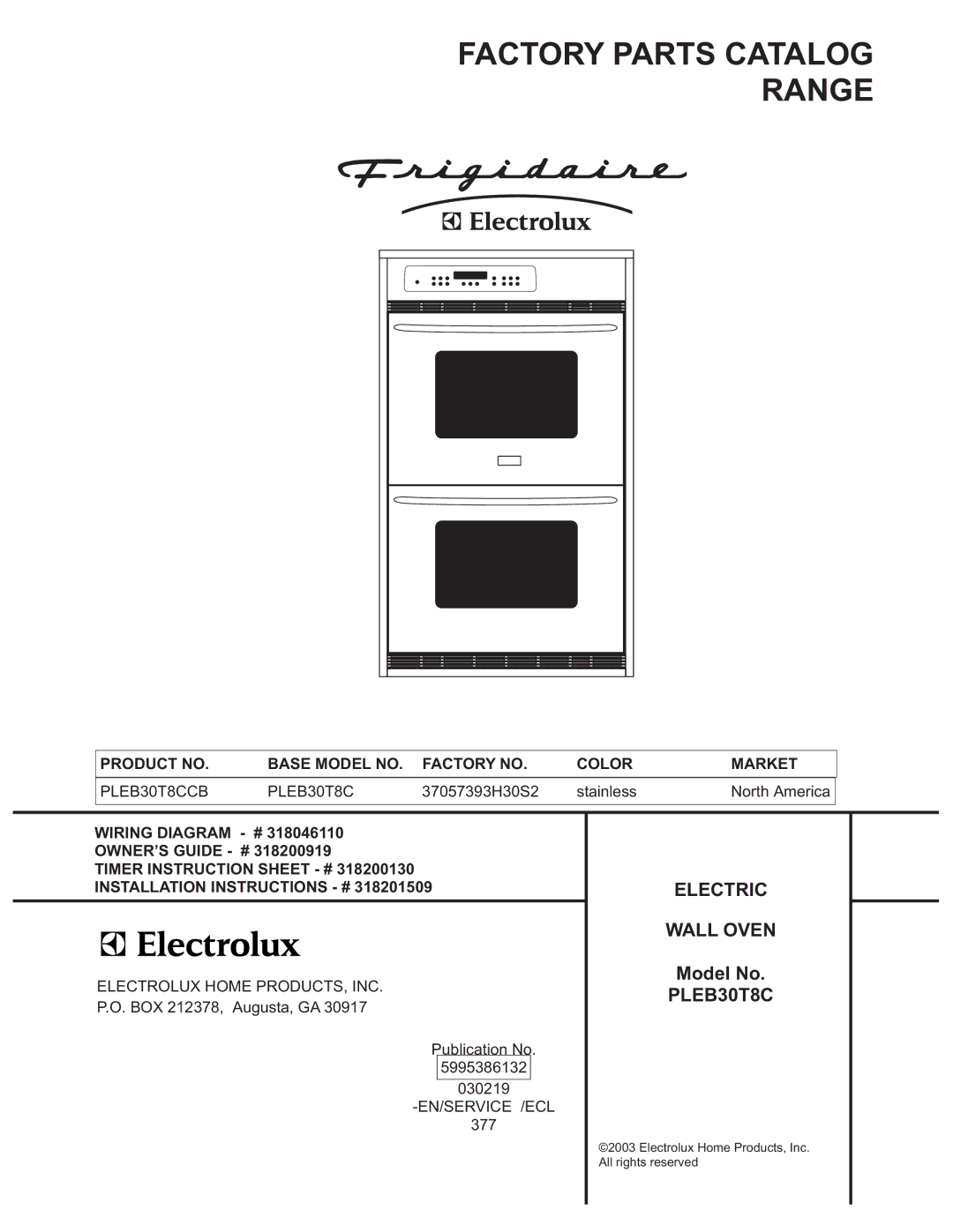 Electrolux PLEB30T8C instruction sheet Factory Parts Catalog Range 