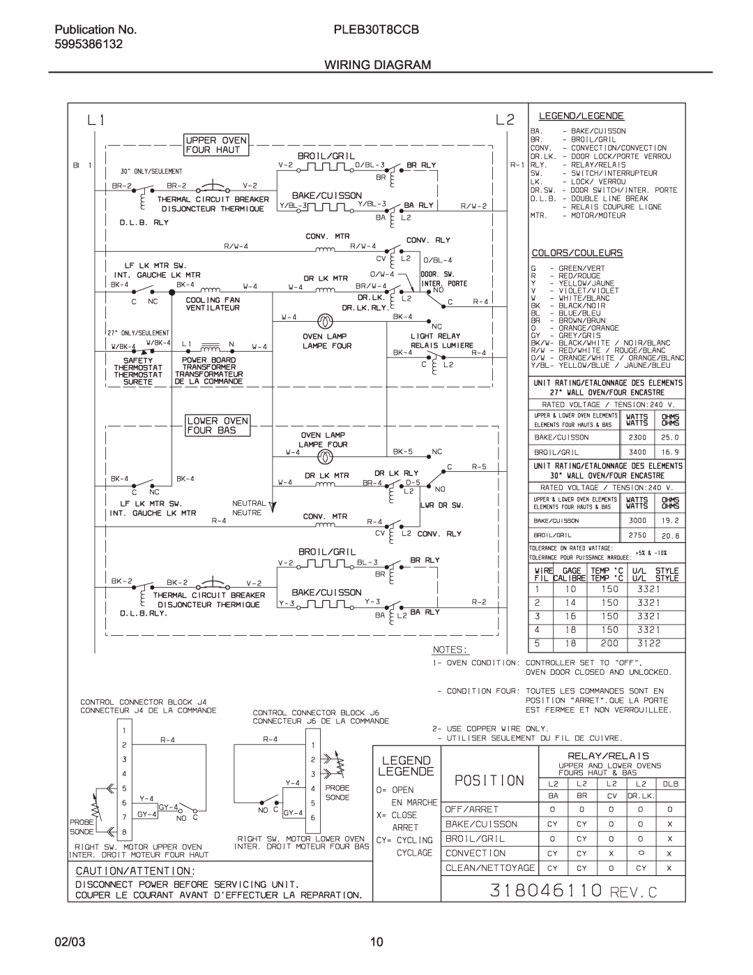 Electrolux instruction sheet Wiring Diagram, Publication No, PLEB30T8CCB, 5995386132, 02/03 