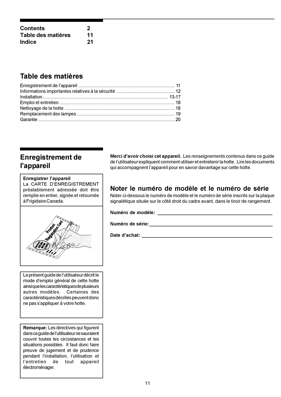 Electrolux PLHV36W6CC manual Table des matières, Enregistrement de l’appareil 