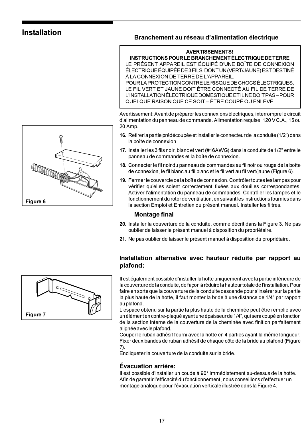 Electrolux PLHV36W6CC manual Branchement au réseau d’alimentation électrique, Montage final, Évacuation arrière 