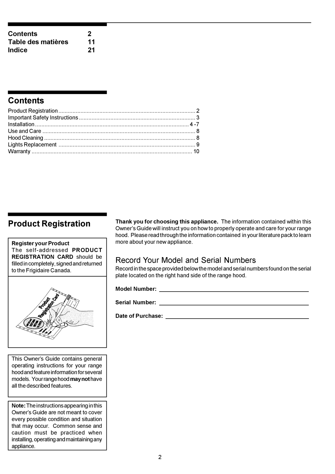 Electrolux PLHV36W6CC manual Contents, Product Registration 