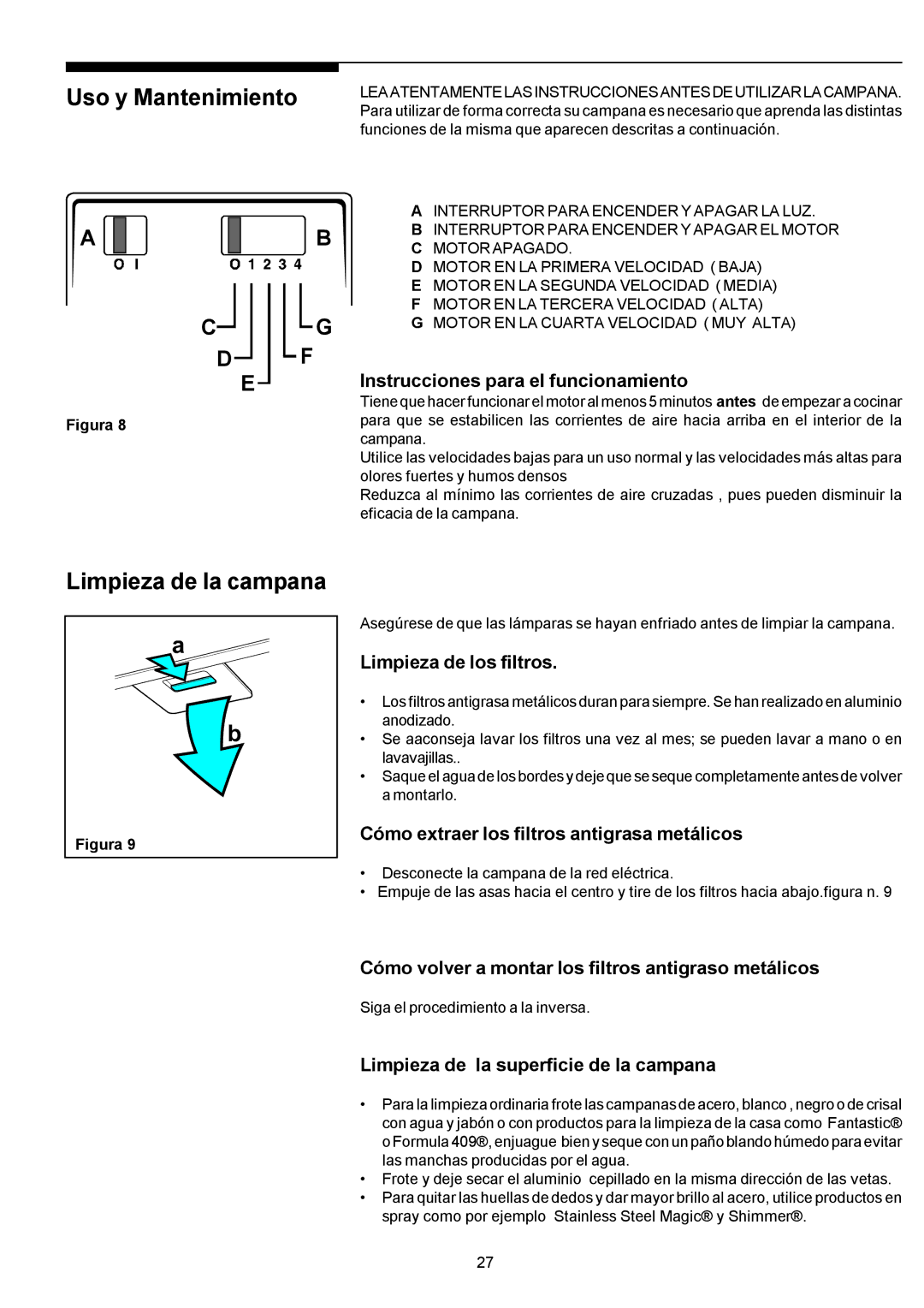 Electrolux PLHV36W6CC manual Uso y Mantenimiento, Limpieza de la campana 