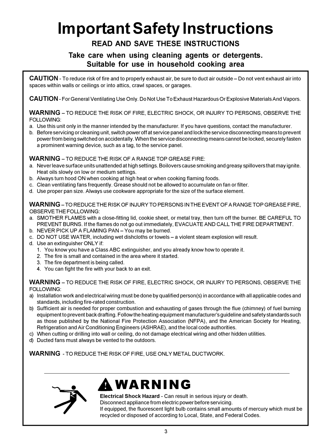 Electrolux PLHV36W6CC manual Important Safety Instructions 