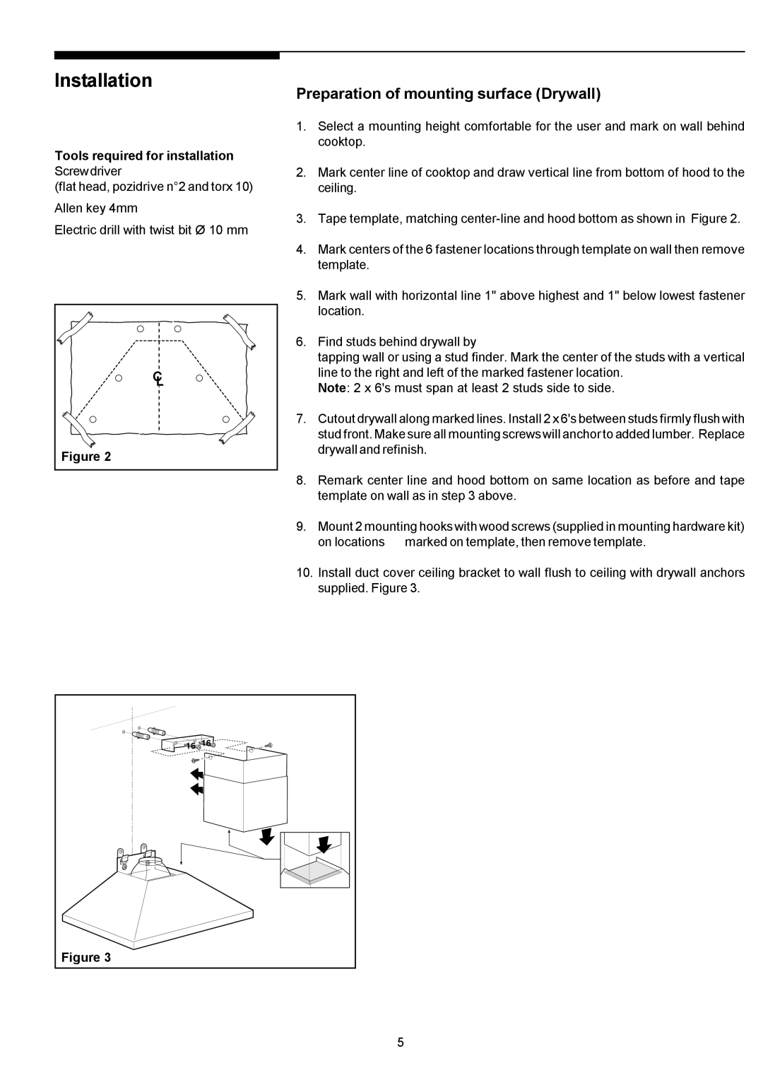 Electrolux PLHV36W6CC manual Installation, Preparation of mounting surface Drywall 