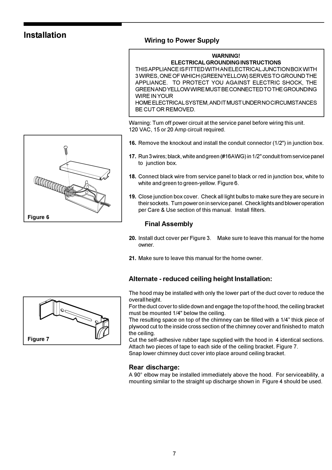 Electrolux PLHV36W6CC manual Wiring to Power Supply, Final Assembly, Alternate reduced ceiling height Installation 