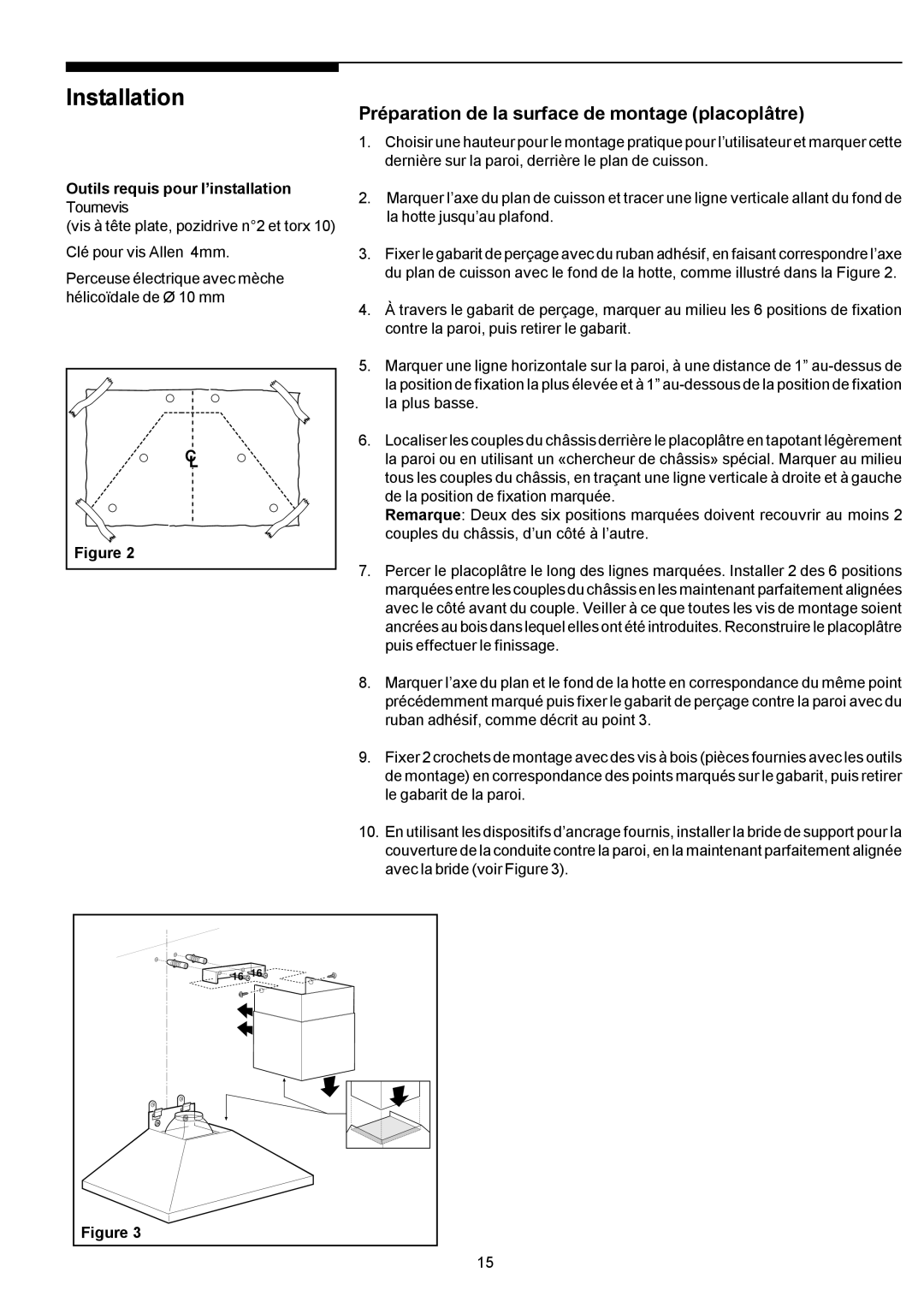 Electrolux PLHV36W6CC manual Préparation de la surface de montage placoplâtre, Installation 