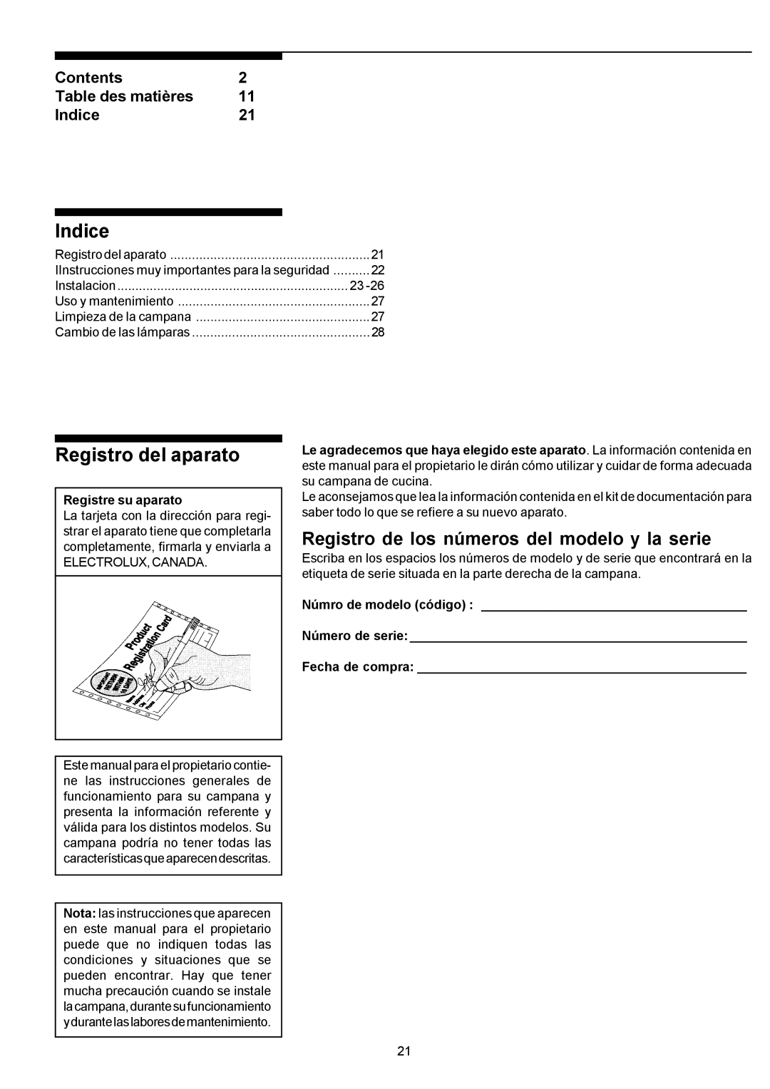 Electrolux PLHV36W6CC manual Indice, Registro del aparato, Registro de los números del modelo y la serie, Contents 