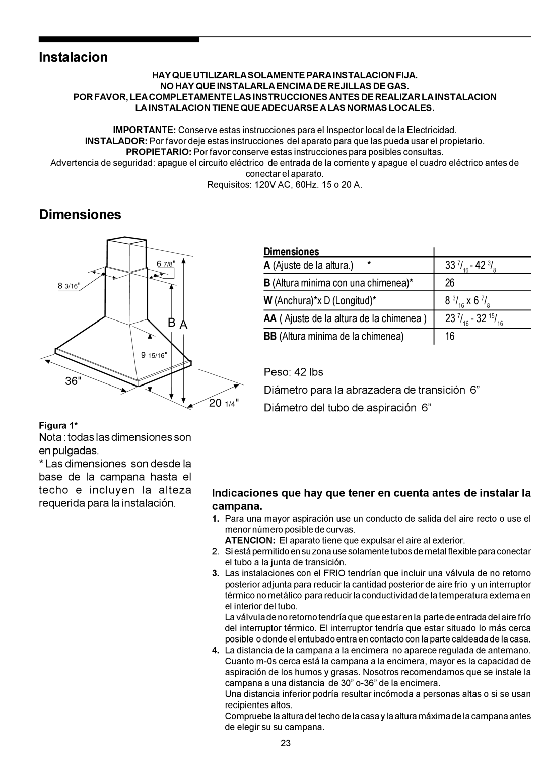 Electrolux PLHV36W6CC manual Instalacion, Dimensiones 