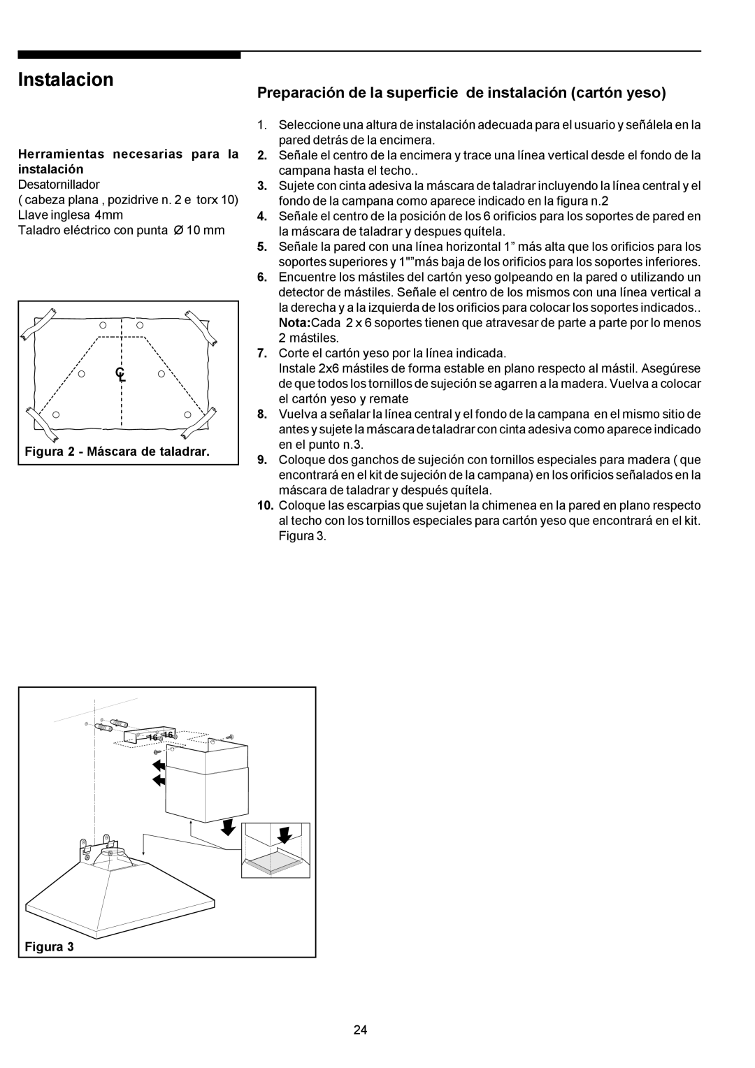 Electrolux PLHV36W6CC manual Preparación de la superficie de instalación cartón yeso, Figura, Instalacion 