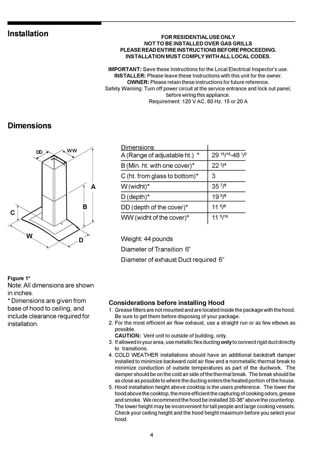 Electrolux PLHV36W7CC manual Installation Dimensions 