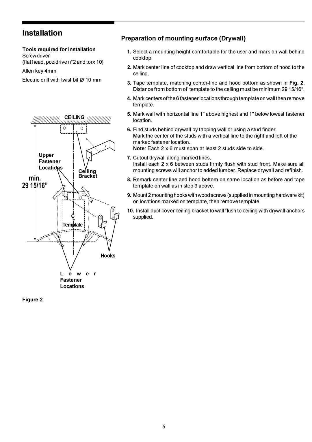 Electrolux PLHV36W7CC manual Installation, Preparation of mounting surface Drywall 