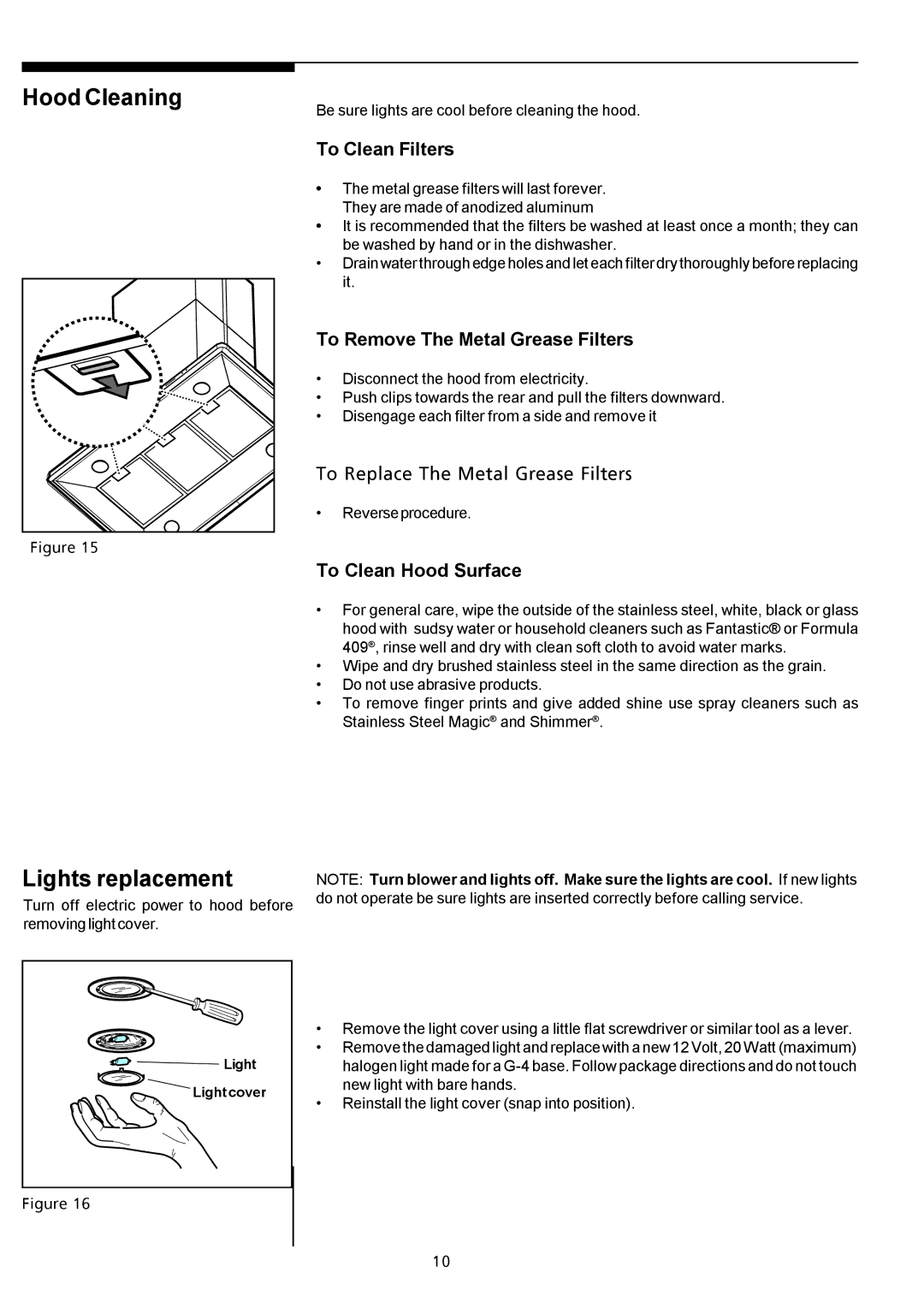 Electrolux PLHV42P8CC manual Hood Cleaning, Lights replacement 