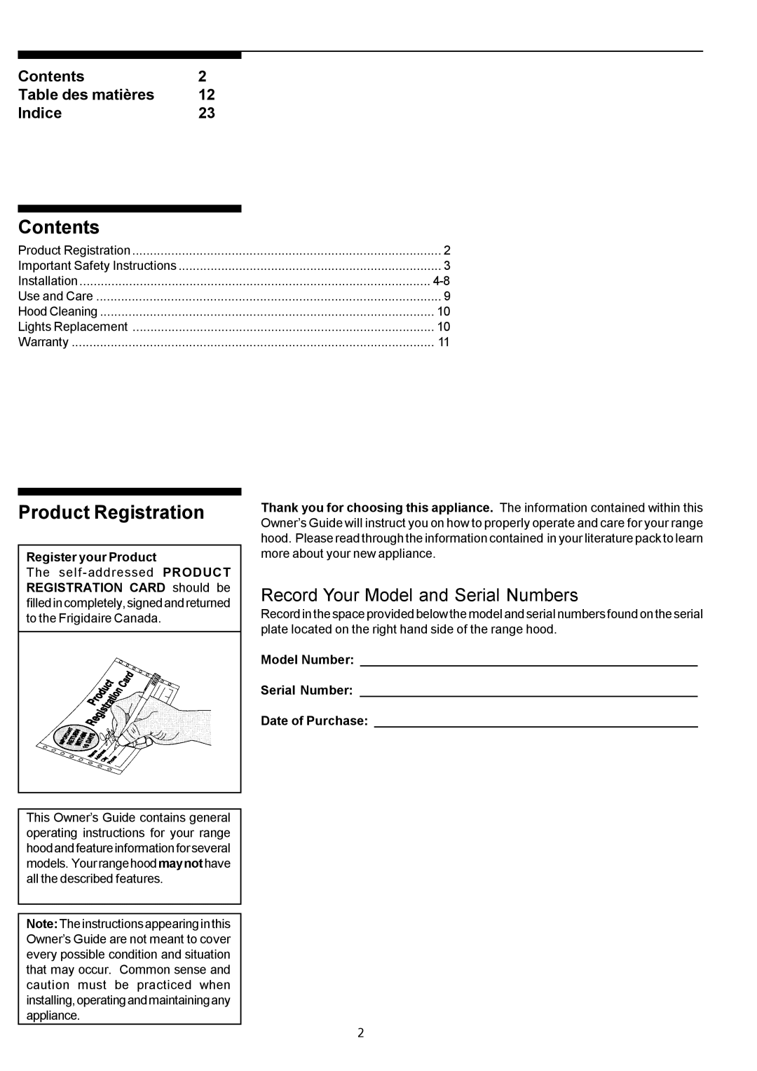 Electrolux PLHV42P8CC manual Contents, Product Registration 