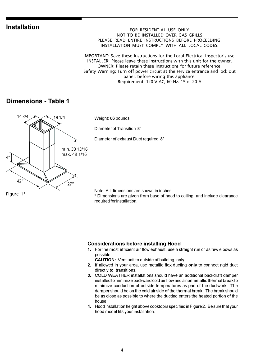 Electrolux PLHV42P8CC manual Installation, Dimensions Table, Considerations before installing Hood 