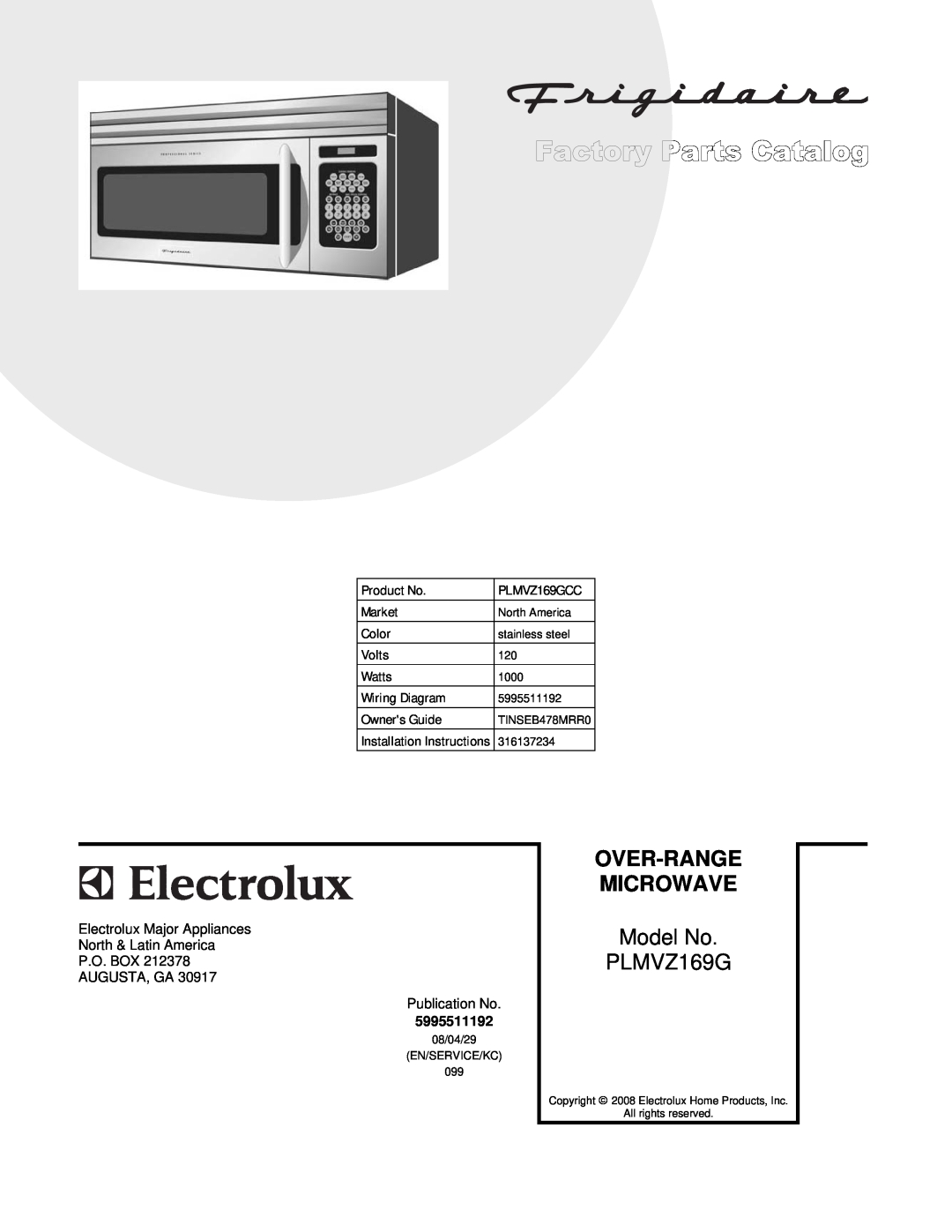 Electrolux installation instructions Over-Range Microwave, Model No PLMVZ169G 