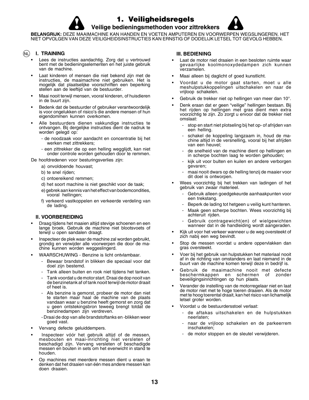 Electrolux 180H122, PM1850SBH instruction manual Veiligheidsregels, NL I. Training, II. Voorbereiding, III. Bediening 