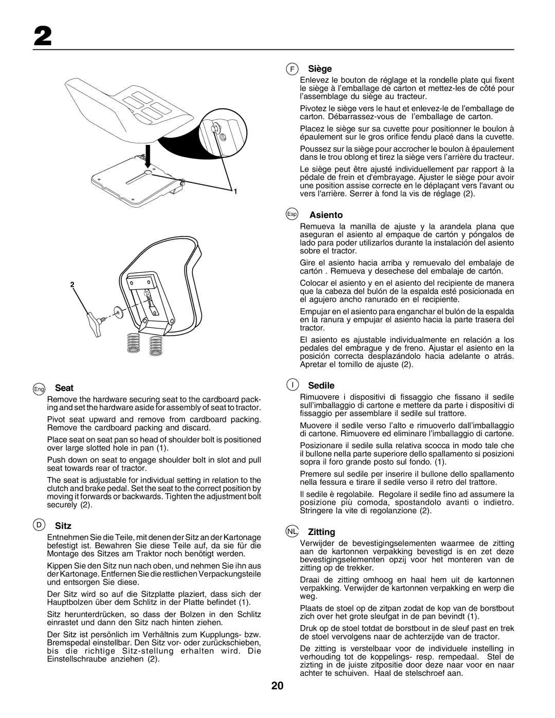 Electrolux PM1850SBH, 180H122 instruction manual Sitz, Siège, Esp Asiento, Sedile, NL Zitting 