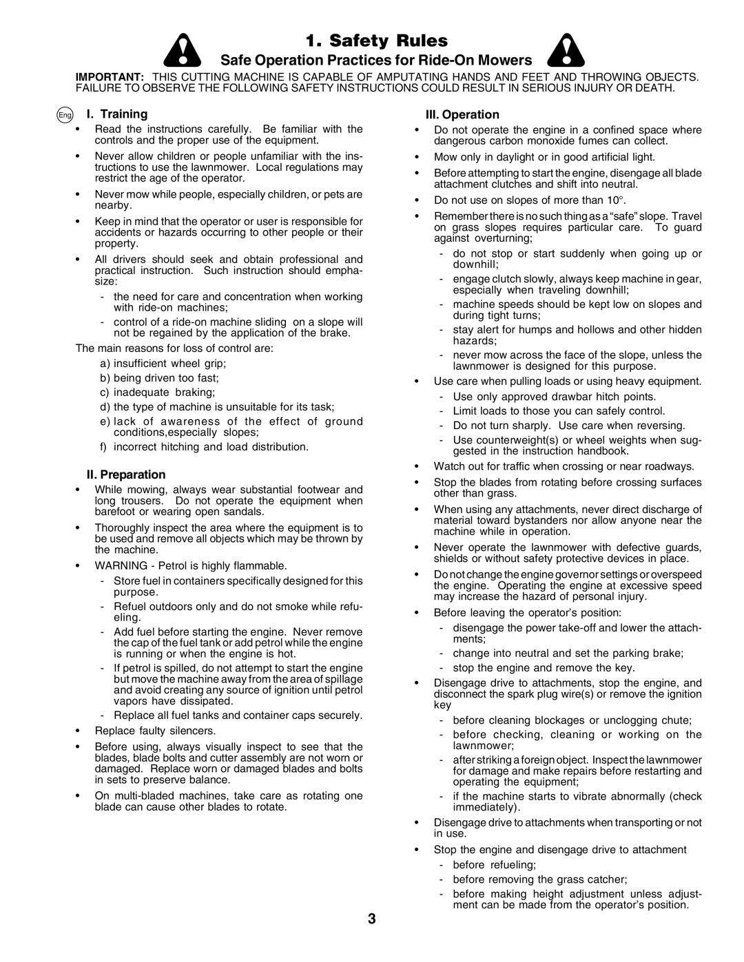 Electrolux 180H122, PM1850SBH instruction manual Safety Rules, Eng I. Training, II. Preparation, III. Operation 