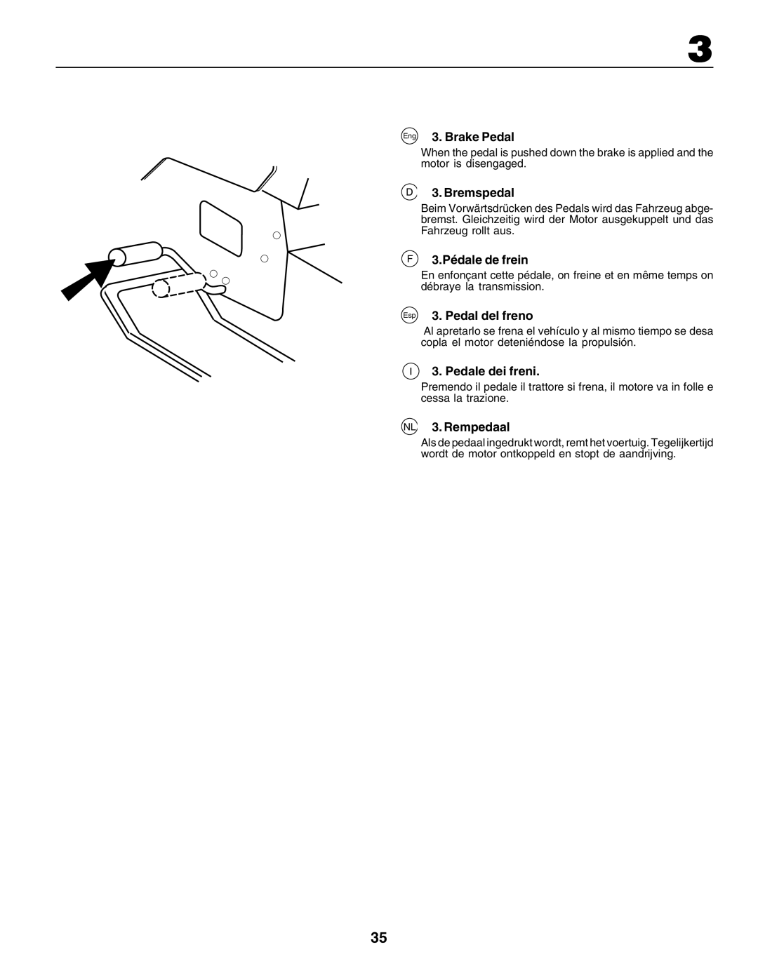 Electrolux 180H122, PM1850SBH Eng 3. Brake Pedal, Bremspedal, Pédale de frein, Esp 3. Pedal del freno, Pedale dei freni 