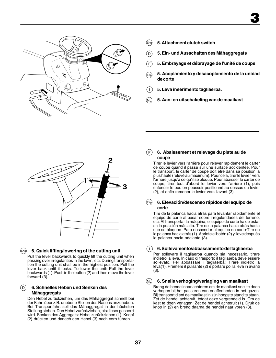 Electrolux 180H122, PM1850SBH Schnelles Heben und Senken des Mähaggregats, Abaissement et relevage du plate au de coupe 