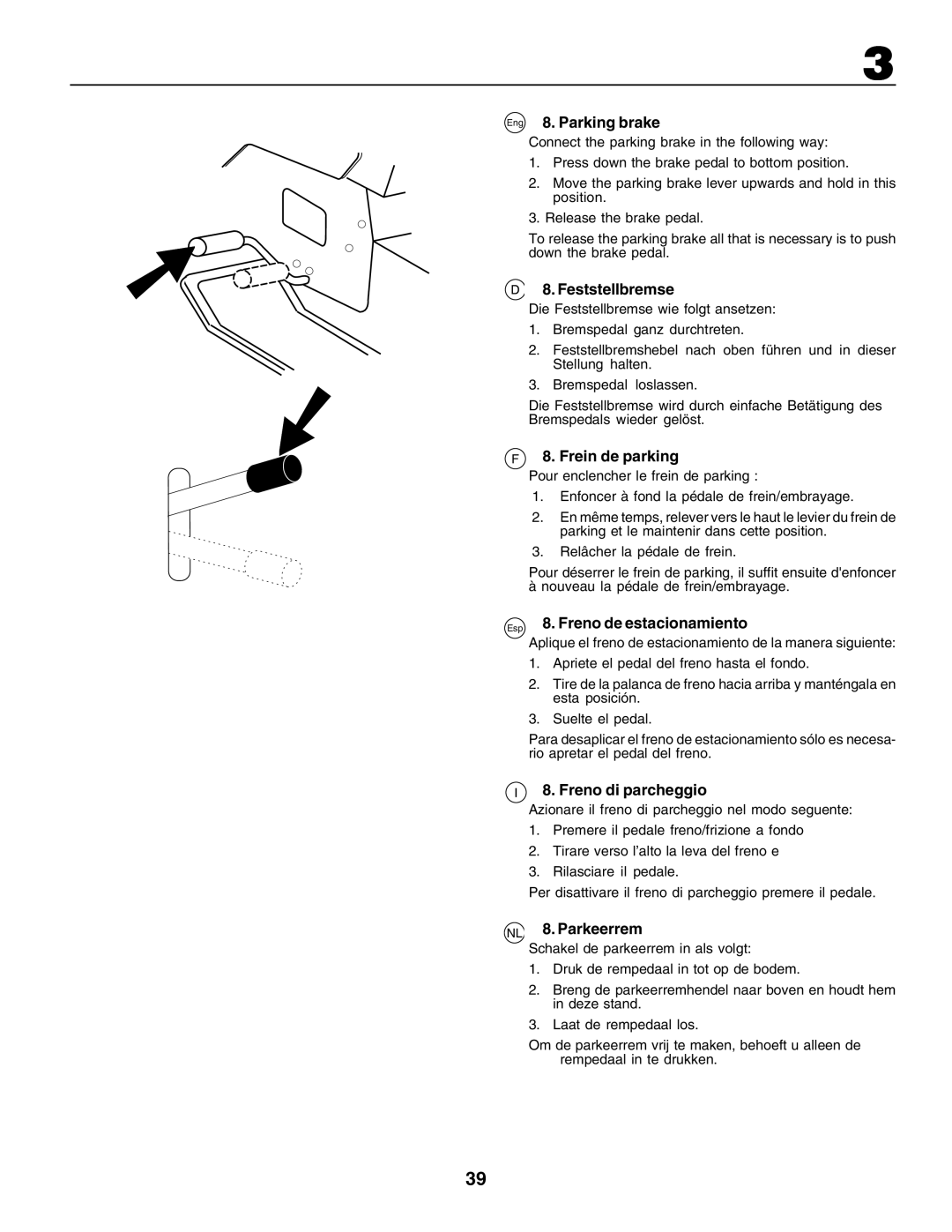 Electrolux 180H122 Eng 8. Parking brake, Feststellbremse, Frein de parking, Freno de estacionamiento, Freno di parcheggio 