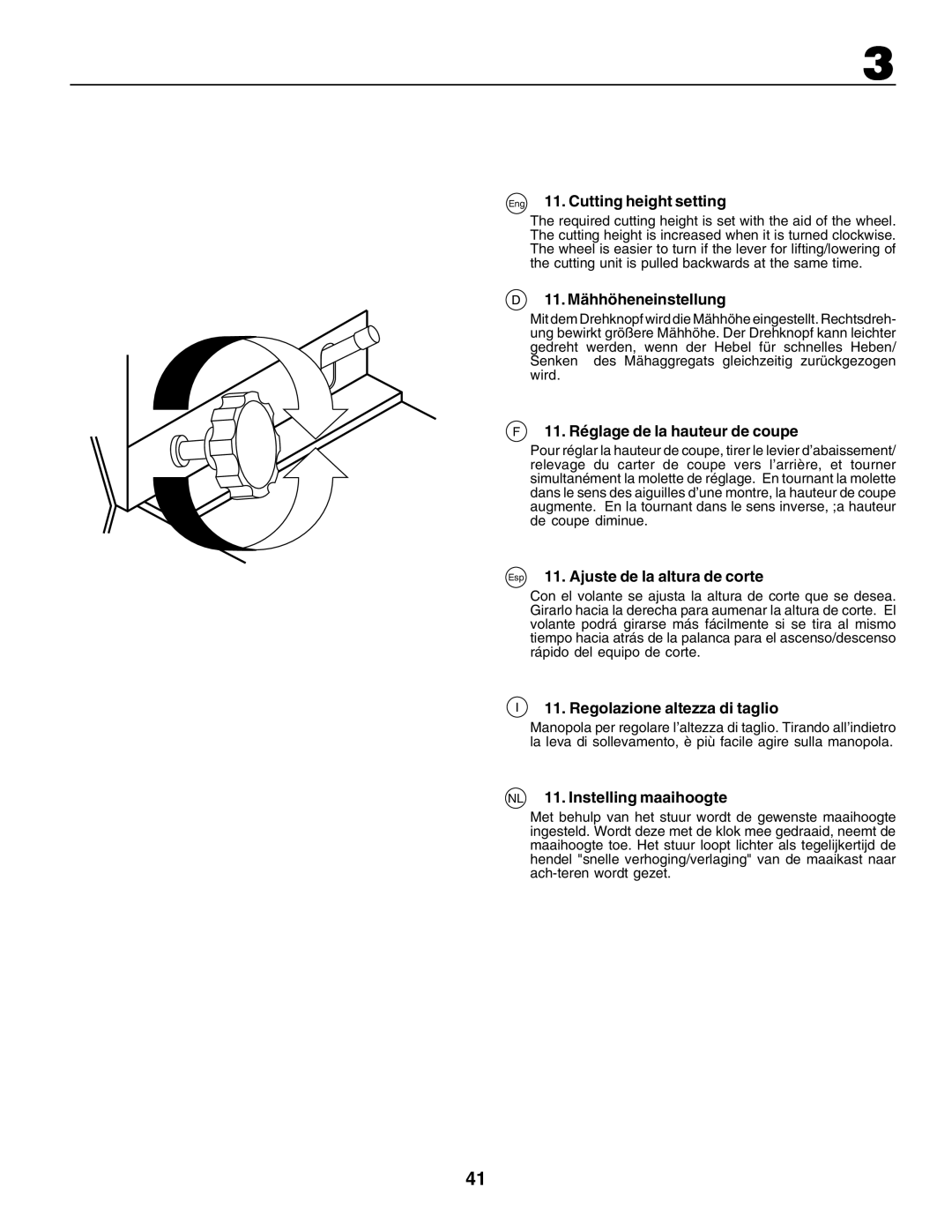 Electrolux 180H122, PM1850SBH Eng 11. Cutting height setting, 11. Mähhöheneinstellung, 11. Réglage de la hauteur de coupe 