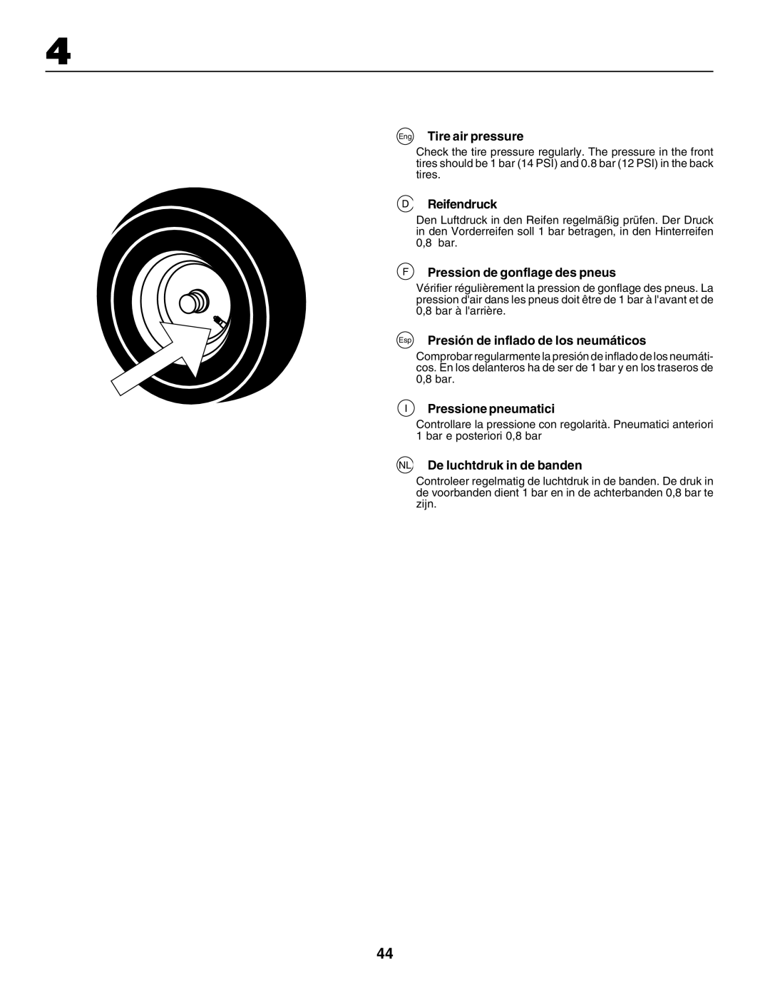 Electrolux PM1850SBH, 180H122 Eng Tire air pressure, Reifendruck, Pression de gonflage des pneus, Pressione pneumatici 