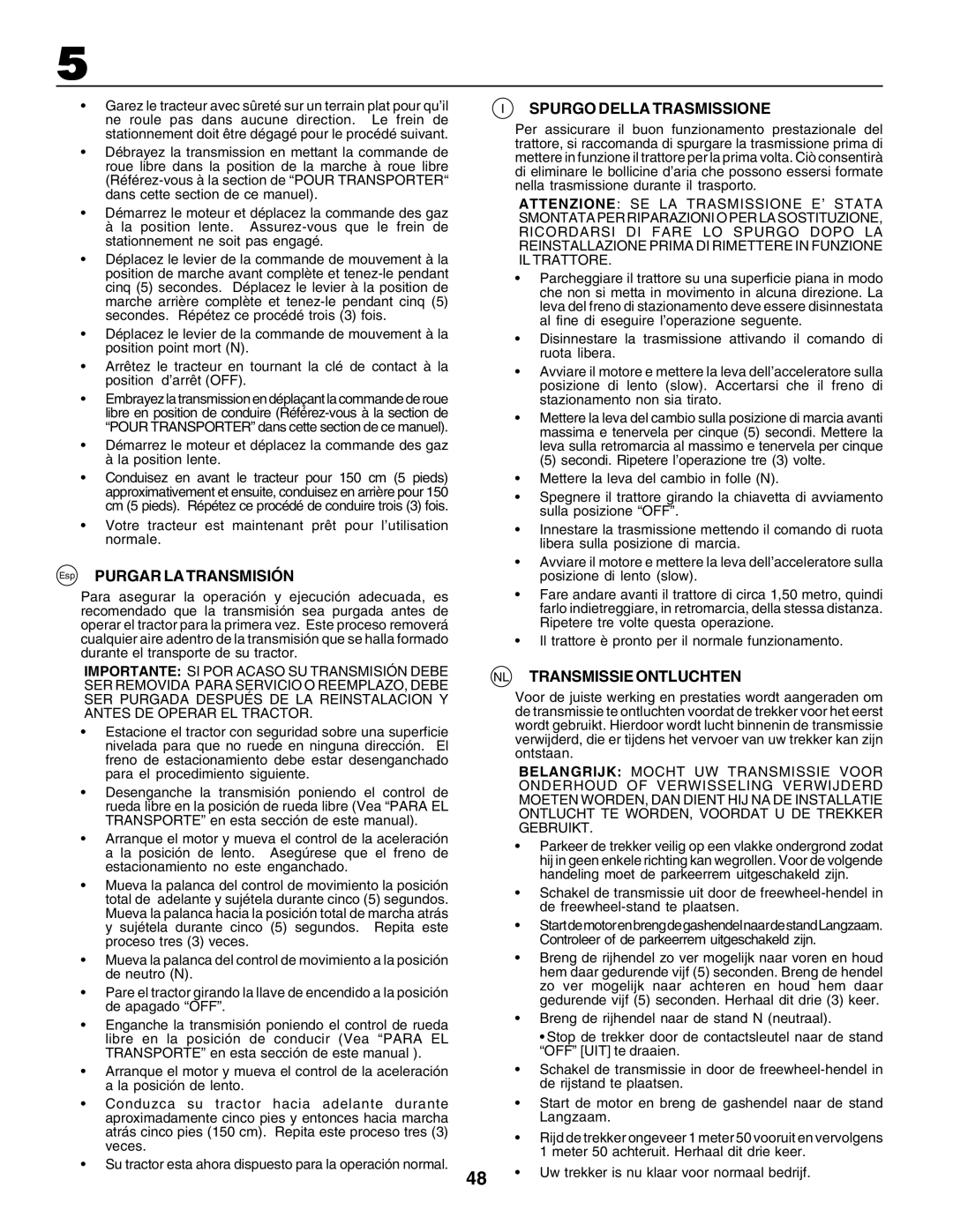 Electrolux PM1850SBH, 180H122 Esp Purgar LA Transmisión, Spurgo Della Trasmissione, NL Transmissie Ontluchten 