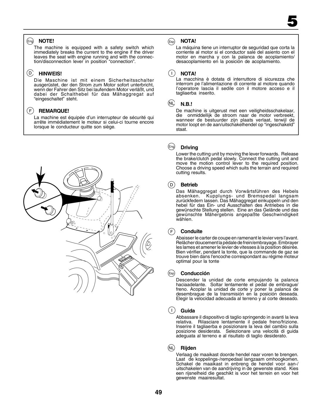 Electrolux 180H122, PM1850SBH instruction manual Eng Driving, Betrieb, Conduite, Esp Conducción, Guida, NL Rijden 