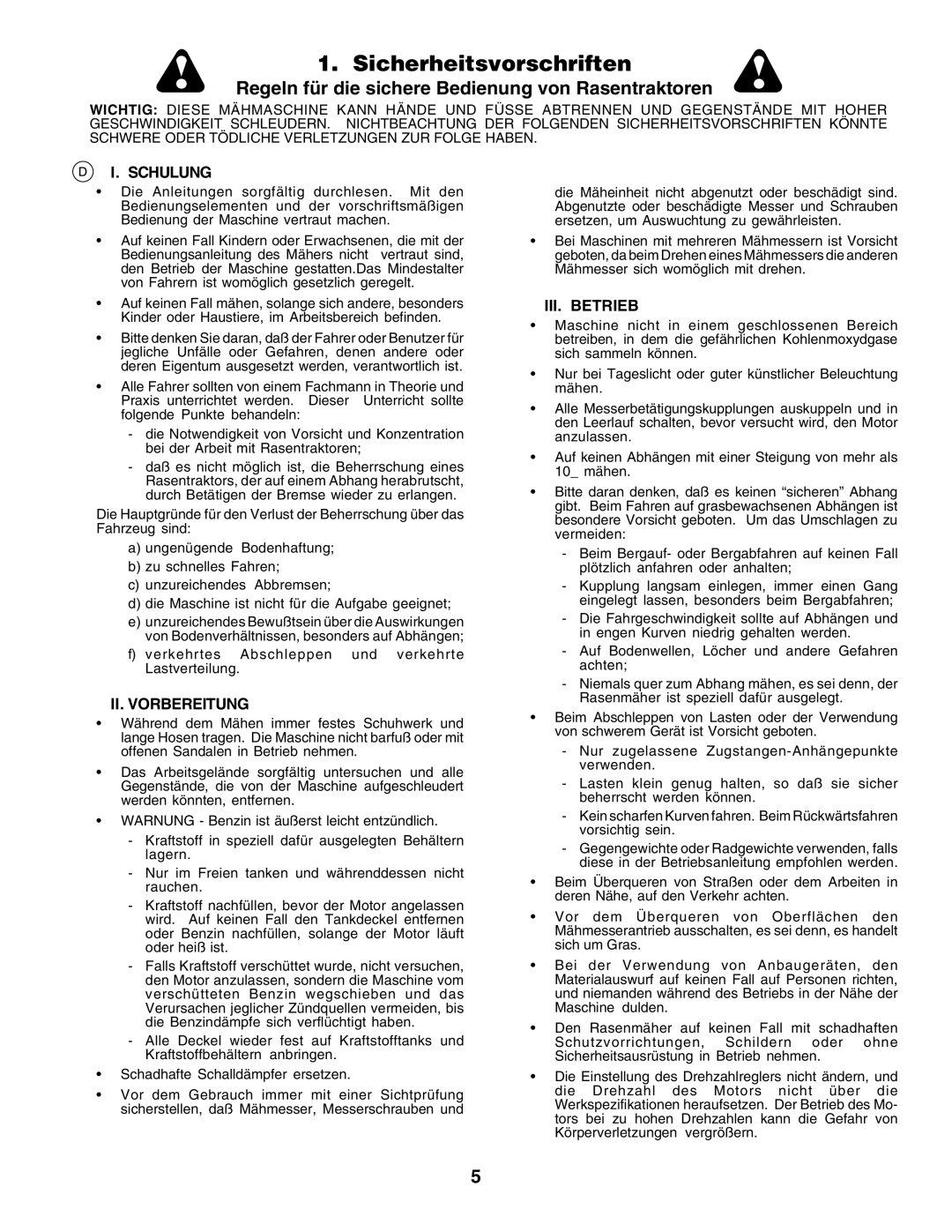 Electrolux 180H122, PM1850SBH instruction manual Sicherheitsvorschriften, Schulung, II. Vorbereitung, III. Betrieb 