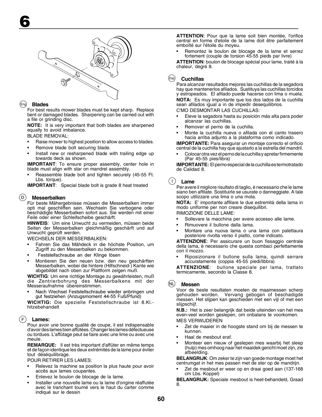 Electrolux PM1850SBH, 180H122 instruction manual Eng Blades, Messerbalken, Lames, Esp Cuchillas, NL Messen 