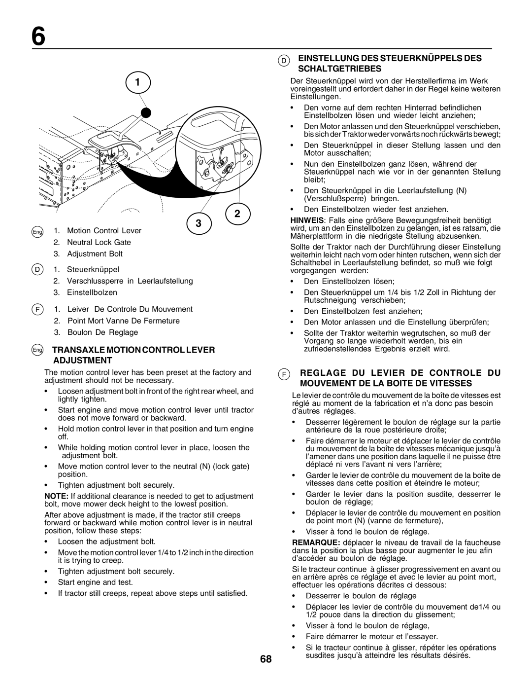 Electrolux PM1850SBH Eng Transaxle Motion Control Lever, Adjustment, Einstellung DES Steuerknüppels DES Schaltgetriebes 