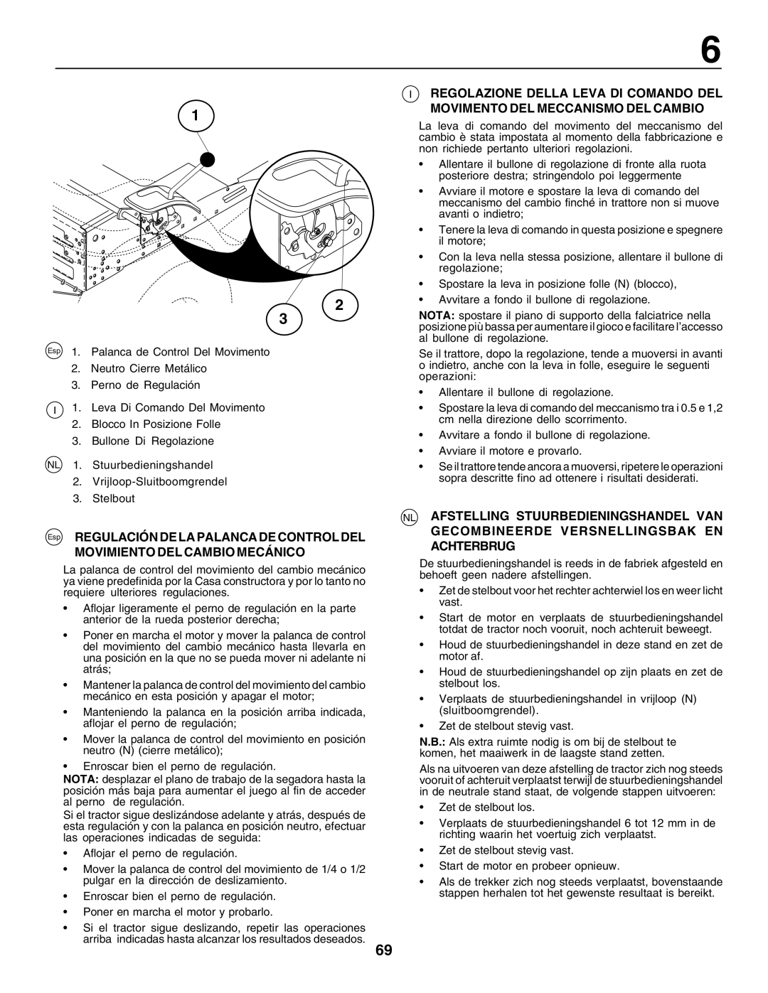 Electrolux 180H122, PM1850SBH instruction manual Esp Regulación DE LA Palanca DE Control DEL, Movimiento DEL Cambio Mecánico 