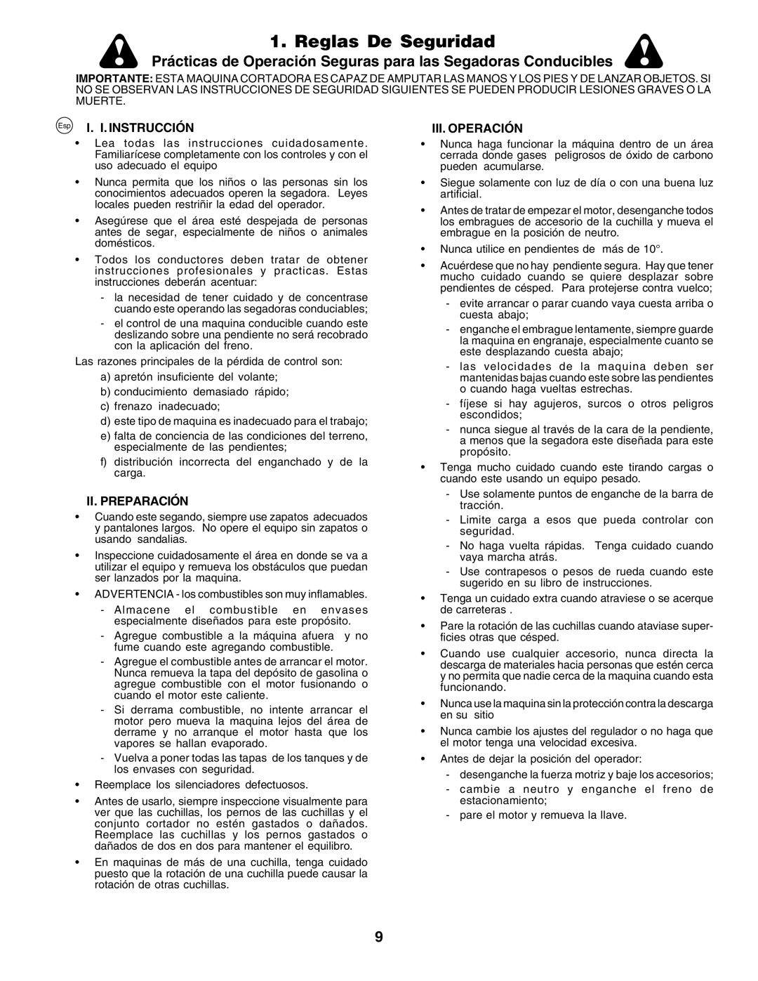 Electrolux 180H122, PM1850SBH instruction manual Reglas De Seguridad, Instrucción, II. Preparación, III. Operación 