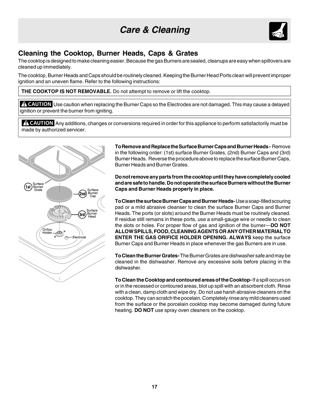 Electrolux pmn warranty Cleaning the Cooktop, Burner Heads, Caps & Grates 