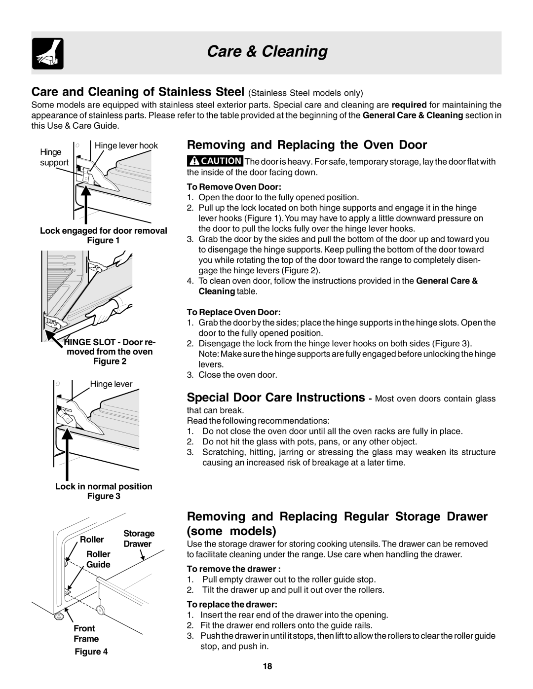 Electrolux pmn warranty Removing and Replacing the Oven Door, Removing and Replacing Regular Storage Drawer some models 