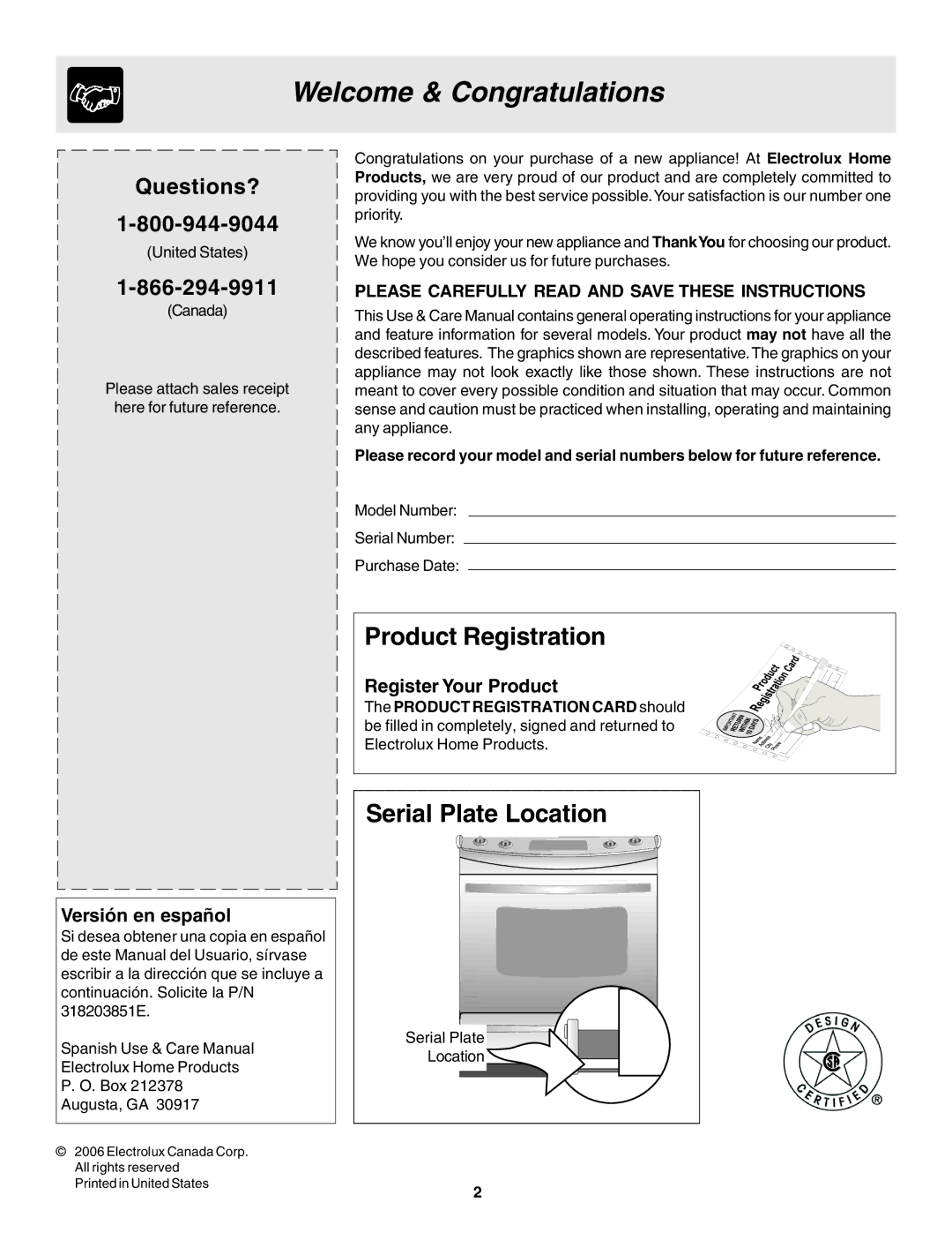 Electrolux pmn warranty Welcome & Congratulations, Questions?, Versión en español, Register Your Product 