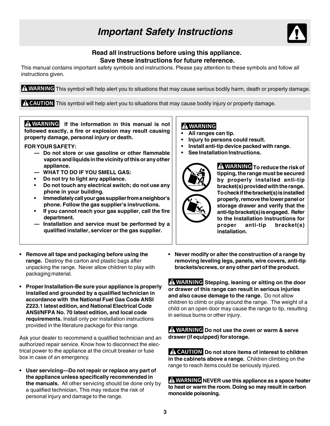 Electrolux pmn warranty Important Safety Instructions, For Your Safety, What to do if YOU Smell GAS 