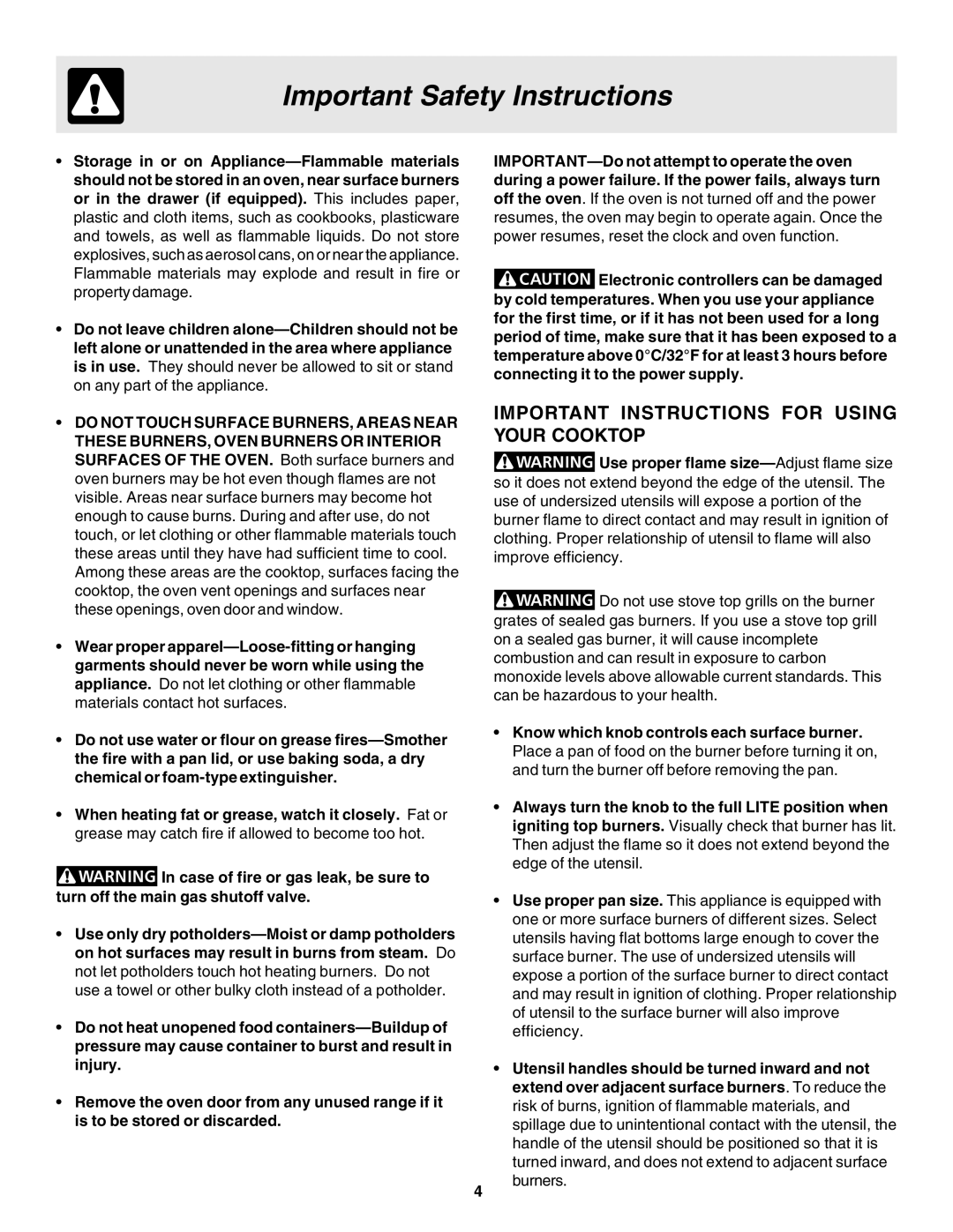 Electrolux pmn warranty Important Instructions for Using Your Cooktop 