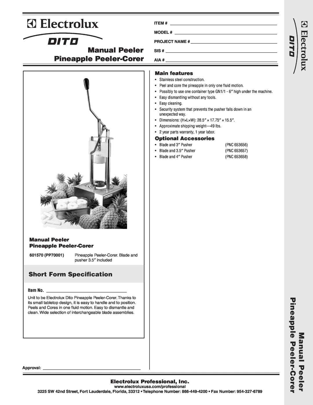 Electrolux 601570 dimensions Short Form Specification, Item No, Pineapple Peeler-Corer, Manual Peeler, Main features 